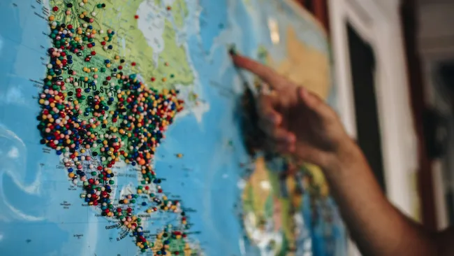 map hanging in a classroom