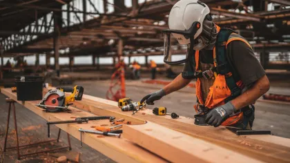 Construction worker in helmet and vest working with wooden planks and tools in a large industrial building.