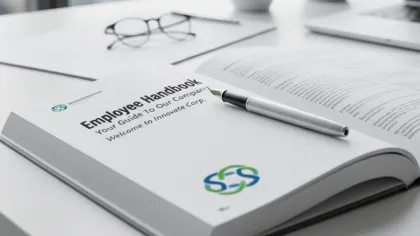 Open employee handbook on desk next to pen, glasses, and laptop in bright office setting.