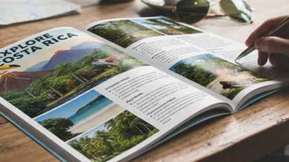 Person planning a Costa Rica trip by writing notes in a travel guidebook with beach and jungle photos.