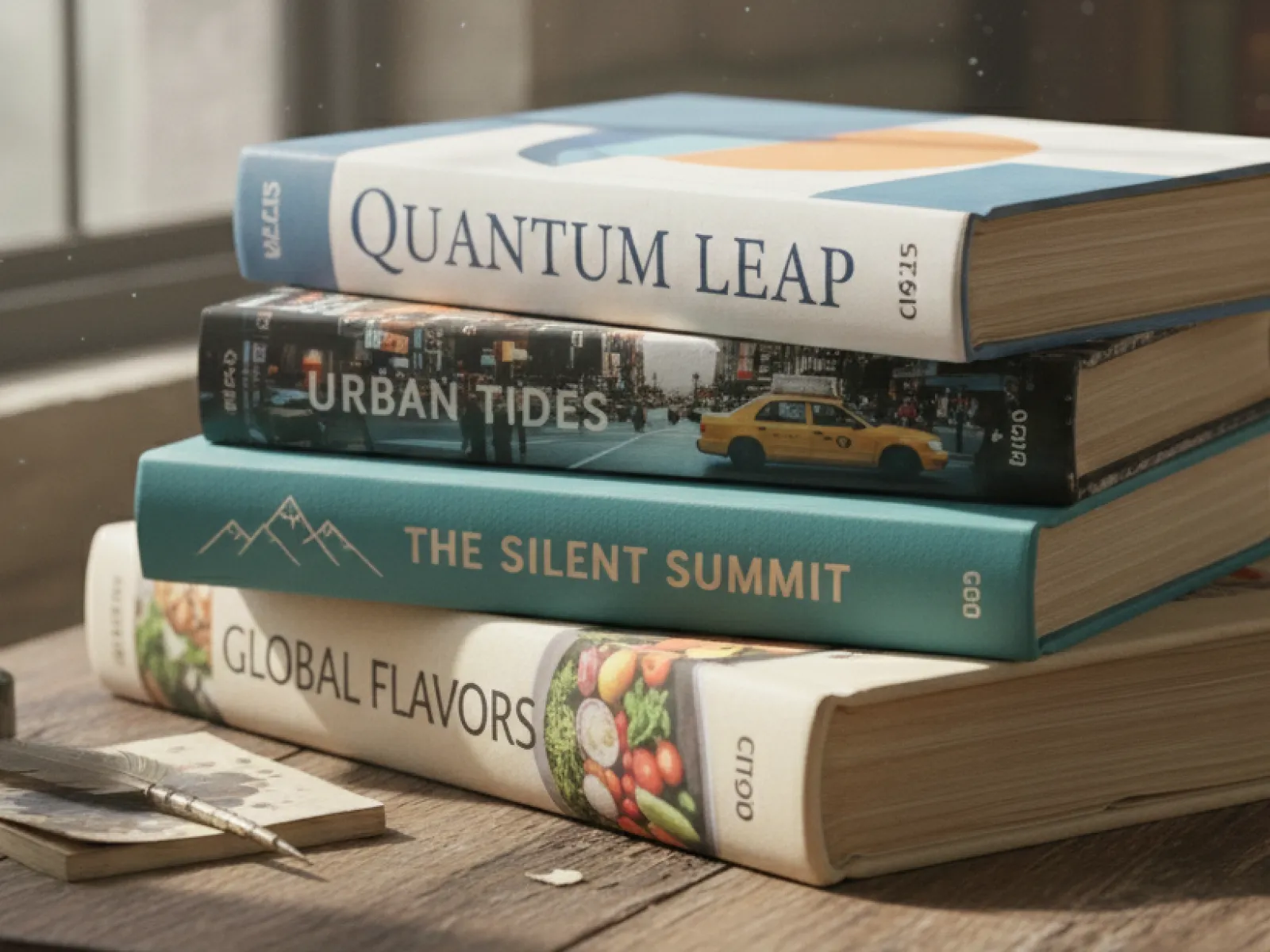 Stack of four books on a wooden surface including Quantum Leap, Urban Tides, The Silent Summit, and Global Flavors.