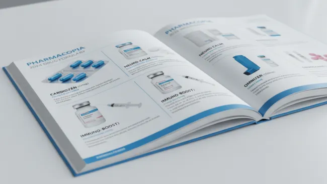 Open pharmaceutical catalog showing drug images, names, and descriptions with blue and white design.